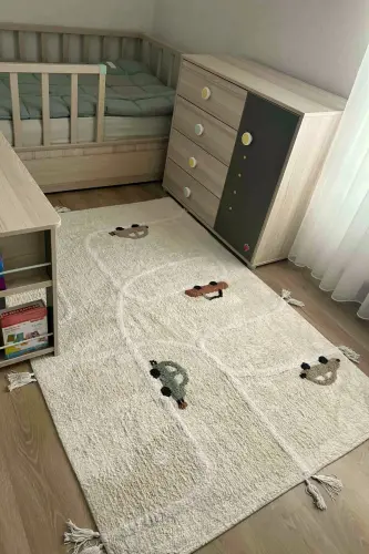 Cool Cotton Araba Yolu Krem Bebek Halısı Makinede Yıkanabilir Kaymaz Taban Yumuşak Doku Çocuk Halısı-Renkli 8 