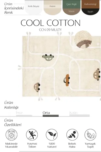 Cool Cotton Araba Yolu Krem Bebek Halısı Makinede Yıkanabilir Kaymaz Taban Yumuşak Doku Çocuk Halısı-Renkli 8 - 3