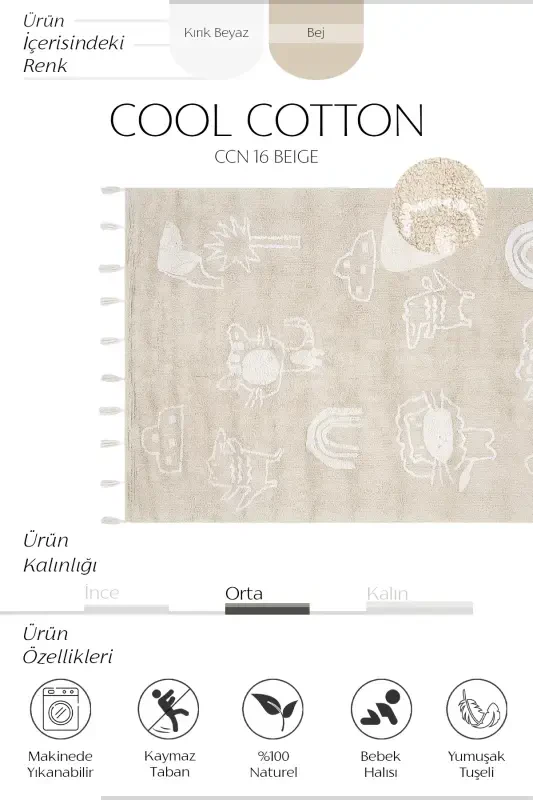 Cool Cotton Beige Baby Rug Machine Washable Non-Slip Base Soft Touch Cotton Kids Rug-Beige 1 - 2