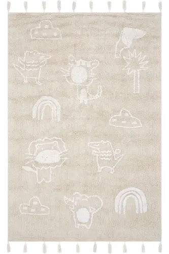 Cool Cotton Bej Bebek Halısı Makinede Yıkanabilir Kaymaz Taban Yumuşak Dokulu Pamuk Çocuk Halısı - Bej 1 
