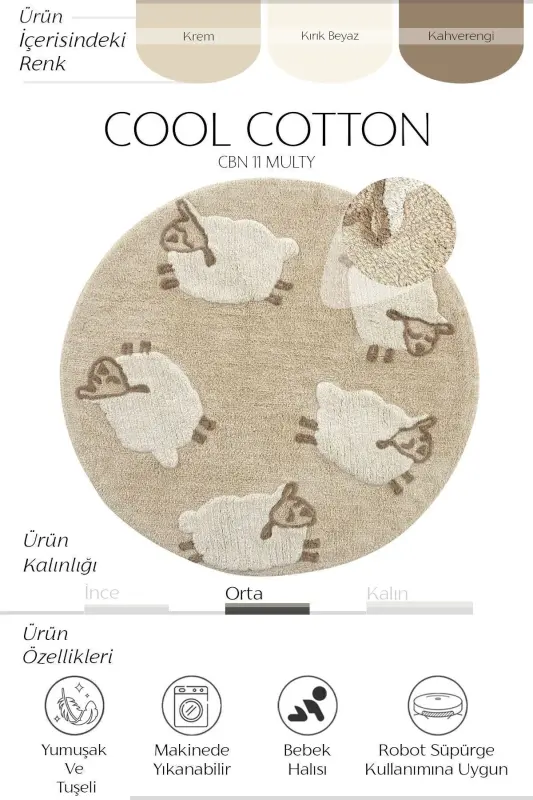 Cool Cotton Ccn 11 Multy Washable Non-Slip Base Natural Cotton Woven Round Baby Carpet-Colorful 5 - 2