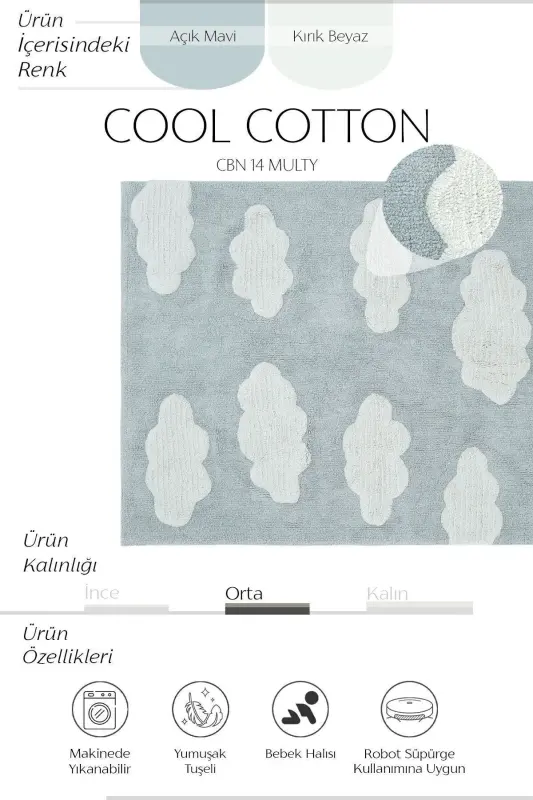 Cool Cotton Ccn 14 Multy Makinede Yıkanabilir Kaymaz Tabanlı Pamuk Dokuma Bulut Desenli Bebek Halısı - Mavi 3 - 2