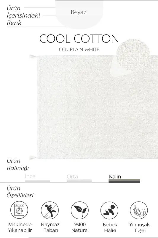 Cool Cotton Ccn Beyaz Makinede Yıkanabilir Kaymaz Tabanlı Naturel Pamuk Dokuma Bebek Halısı - Beyaz - 4