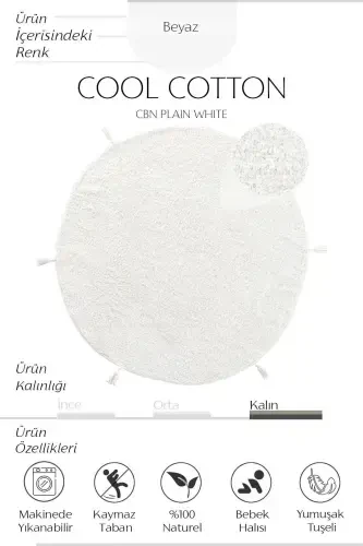 Cool Cotton Ccn Beyaz Yıkanabilir Kaymaz Tabanlı Naturel Pamuk Dokuma Yuvarlak Bebek Halısı-Beyaz - COOL HALI (1)