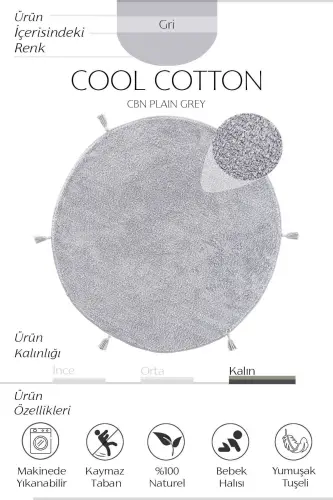 Cool Cotton Ccn Gray Washable Non-Slip Base Natural Cotton Woven Round Baby Carpet-Gray - COOL HALI (1)