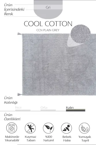 Cool Cotton Ccn Gri Makinede Yıkanabilir Kaymaz Tabanlı Naturel Pamuk Dokuma Bebek Halısı - Gri - COOL HALI (1)