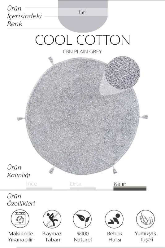 Cool Cotton Ccn Gri Yuviladigan Sirpanmaydigan Tabiat Paxta To'quv Dumaloq Chaqaloq Gilami-Kulrang - 2