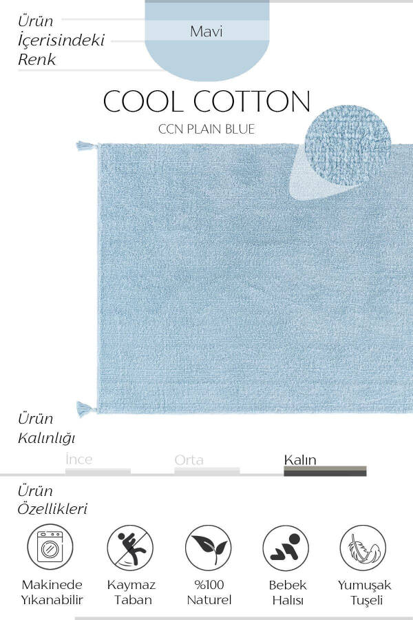 Cool Cotton Ccn Mavi Makinede Yıkanabilir Kaymaz Tabanlı Naturel Pamuk Dokuma Bebek Halısı - 16