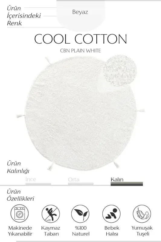 Cool Cotton Ccn Oq Yuviladigan Sirpanmaydigan Taglikli Tabiiy Paxta To'quv Dumaloq Chaqaloq Gilami-Oq - 2