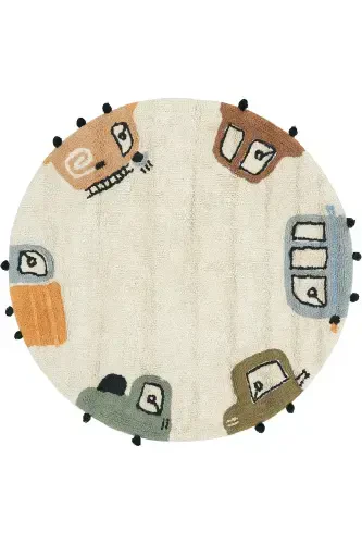 Cool Cotton Cream Baby Rug Machine Washable Non-Slip Soft Car Pattern Round Kids Rug-Cream 2 - 1