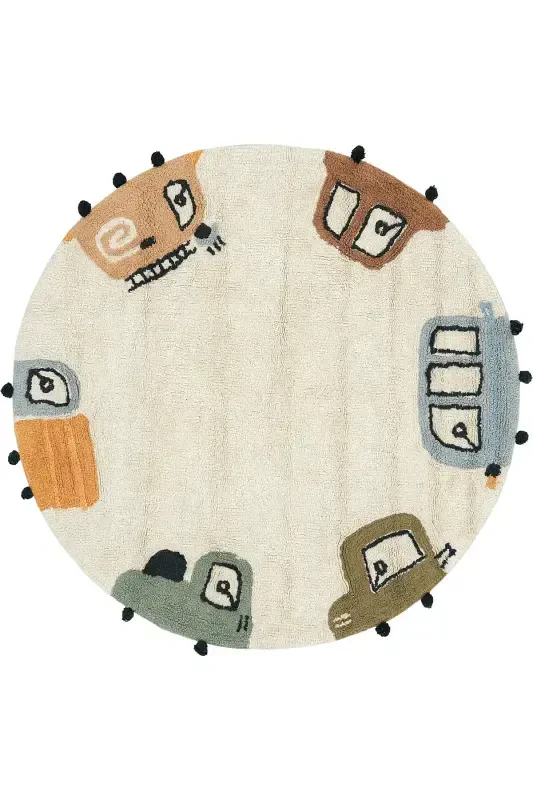 Cool Cotton Cream Baby Rug Machine Washable Non-Slip Soft Car Pattern Round Kids Rug-Cream 2 - 1