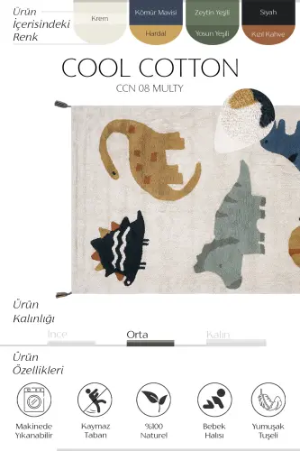 Cool Cotton Krem Bebek Halısı Makinede Yıkanabilir Kaymaz Taban Yumuşak Dokulu Dinazor Çocuk Halısı - Renkli 7 - COOL HALI (1)