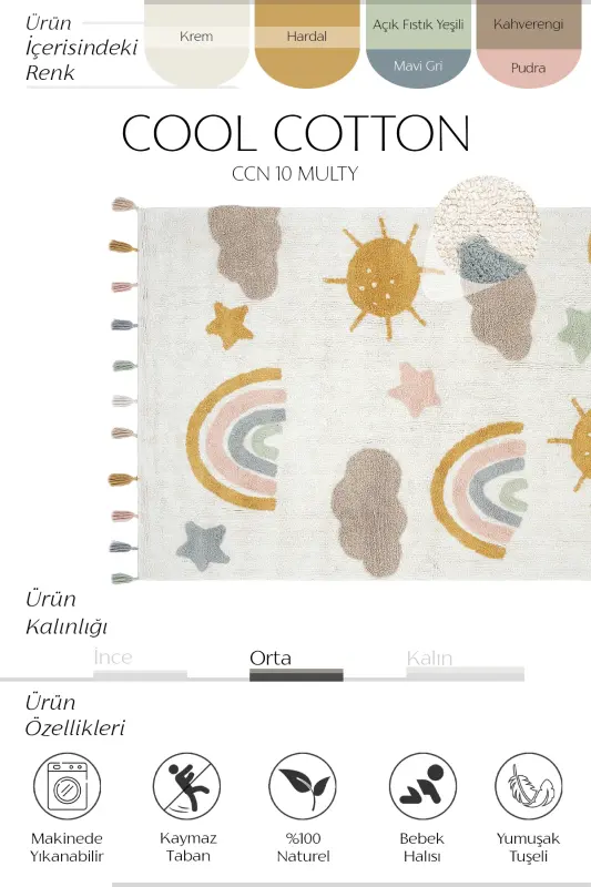 Cool Cotton Krem Renkli Bebek Halısı Makinede Yıkanabilir Kaymaz Taban Yumuşak Dokulu Çocuk Halısı-Renkli 9 - 2