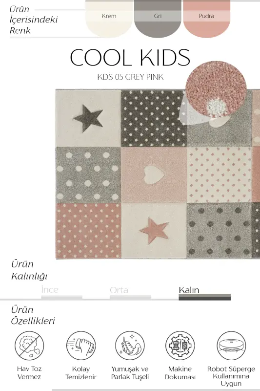 Cool Kids 05 Grey Pink Children's Room Rug Anti-Dust Soft Textured Baby Room Rug - 4