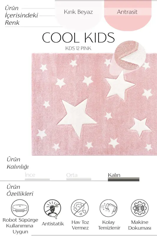 Cool Kids 12 Pembe Çocuk Odası Halısı Hav Toz Vermez Yumuşak Dokulu Bebek Odası Halısı - Pembe 1 - 5