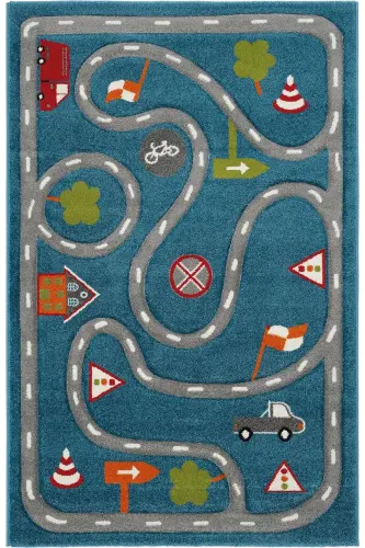 Cool Kids 19 Blue Grey Kids Carpet Non-Shedding Soft Textured Road Baby Room Rug - Blue Grey - 1