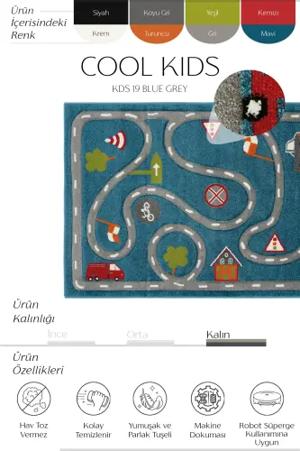 Cool Kids 19 Blue Grey Kids Carpet Non-Shedding Soft Textured Road Baby Room Rug - Blue Grey - 2