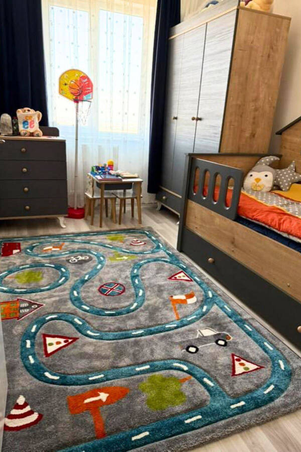 Cool Kids 19 Gray Blue Kids Rug Non-Slip Soft Textured Car Road Baby Room Rug - 1