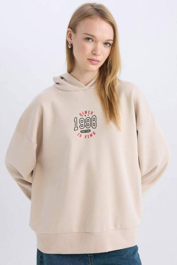 Cool Loose Fit Printed Hooded Sweatshirt Sand - 1