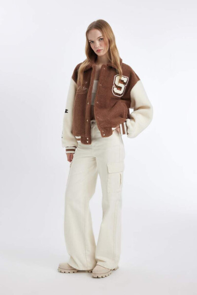 Cool Oversize Loose Fit Plush Bomber Jacket Polo Collar Embroidered Snap Pockets in Light Brown - 5