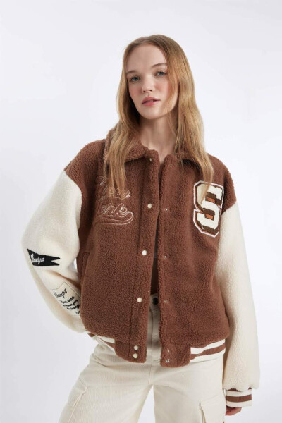 Cool Oversize Loose Fit Plush Bomber Jacket Polo Collar Embroidered Snap Pockets in Light Brown - 6