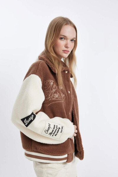 Cool Oversize Loose Fit Plush Bomber Jacket Polo Collar Embroidered Snap Pockets in Light Brown - 7