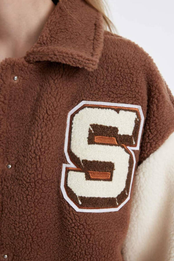 Cool Oversize Loose Fit Plush Bomber Jacket Polo Collar Embroidered Snap Pockets in Light Brown - 8