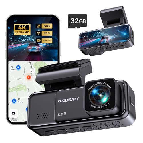 COOLCRAZY 4K Oldingi Kamera, Avtomobillar uchun o'rnatilgan WiFi GPS Dash Kamera, 3,2