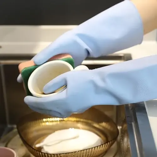 COOLJOB 2 Pairs Thickened Rubber Gloves with Cotton Lining & Non-slip Grip, Colorful Household Long Lasting Dishwashing Gloves for Kitchen & Bathroom Cleaning, Orange & Blue, Large - 5