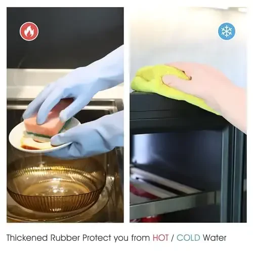 COOLJOB 2 Pairs Thickened Rubber Gloves with Cotton Lining & Non-slip Grip, Colorful Household Long Lasting Dishwashing Gloves for Kitchen & Bathroom Cleaning, Orange & Blue, Medium - 4
