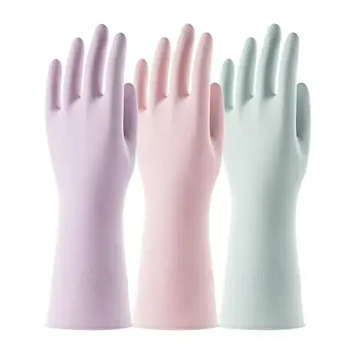 COOLJOB 3 Pairs Colorful Household Gloves with Cotton Liner & Non-slip Grip, Water Resistant Reusable Dish Washing Rubber Gloves for Kitchen & Bathroom Cleaning, Large - 1