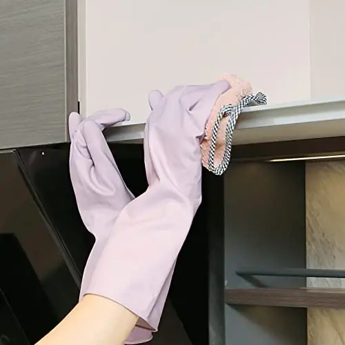 COOLJOB Маленькие резиновые перчатки для дома с хлопковой подкладкой и нескользящим покрытием, водонепроницаемые долговечные перчатки для мытья посуды для кухни и ванной комнаты, фиолетовые, 1 пара - 4
