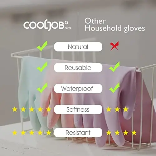 COOLJOB Маленькие резиновые перчатки для дома с хлопковой подкладкой и нескользящим покрытием, водонепроницаемые долговечные перчатки для мытья посуды для кухни и ванной комнаты, светло-розовые, 1 пара - 5