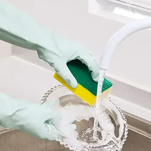 COOLJOB Oshxona hammomi uchun kichik qayta ishlatiladigan rezina idishlarni yuvish qo'lqoplari, Sirpanmaydigan uzun idishlarni yuvish qo'lqoplari, Paxta astarli, moslashuvchan bardoshli va suv o'tkazmaydigan, yalpiz yashil, 1 juft - 4