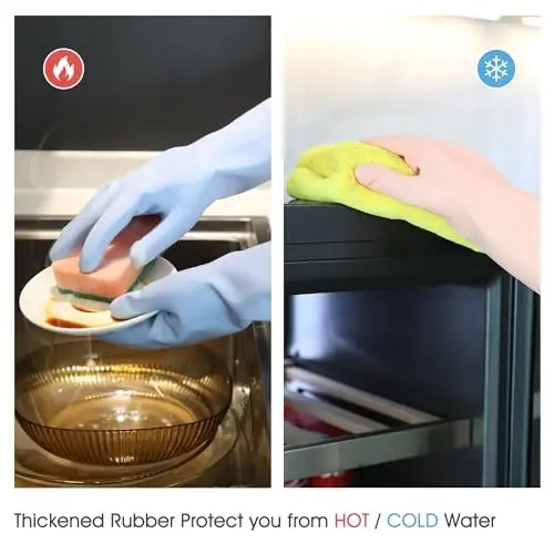 COOLJOB 2 Pairs Thickened Rubber Gloves with Cotton Lining & Non-slip Grip, Colorful Household Long Lasting Dishwashing Gloves for Kitchen & Bathroom Cleaning, Orange & Blue, Small - 4