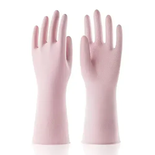 COOLJOB Small Household Rubber Gloves with Cotton Liner & Non-slip Grip, Waterproof Long Lasting Dishwashing Gloves for Kitchen & Bathroom Cleaning, Light Pink, 1 Pair 