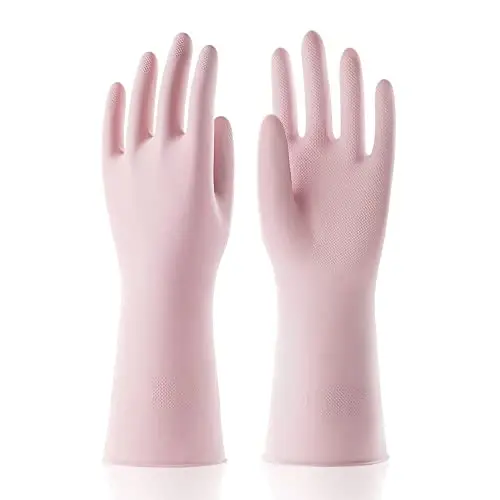 COOLJOB Small Household Rubber Gloves with Cotton Liner & Non-slip Grip, Waterproof Long Lasting Dishwashing Gloves for Kitchen & Bathroom Cleaning, Light Pink, 1 Pair - 1