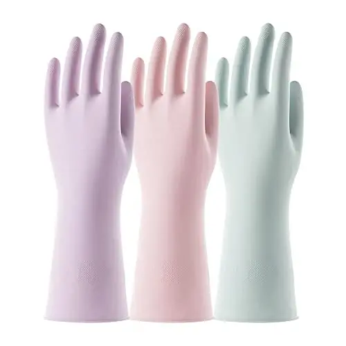 COOLJOB 3 Pairs Colorful Household Gloves with Cotton Liner & Non-slip Grip, Water Resistant Reusable Dish Washing Rubber Gloves for Kitchen & Bathroom Cleaning, Small - 1