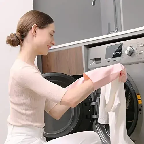 COOLJOB Small Household Rubber Gloves with Cotton Liner & Non-slip Grip, Waterproof Long Lasting Dishwashing Gloves for Kitchen & Bathroom Cleaning, Light Pink, 1 Pair - 4