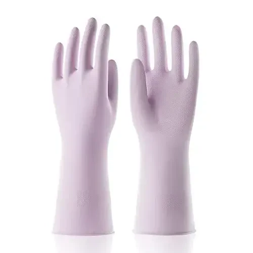 COOLJOB Small Household Rubber Gloves with Cotton Liner & Non-slip Grip, Waterproof Long Lasting Dishwashing Gloves for Kitchen & Bathroom Cleaning, Purple, 1 Pair - 1