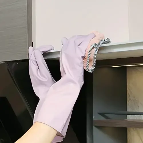 COOLJOB Средние резиновые перчатки для дома с хлопковой подкладкой и нескользящим покрытием, водонепроницаемые долговечные перчатки для мытья посуды для уборки кухни и ванной комнаты, фиолетовые, 1 пара - 4