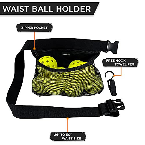 CoolNES - Ball Holder for Pickleball Tennis Golf - Adjustable waist with Towel Hook Peg Accessories Space - 2