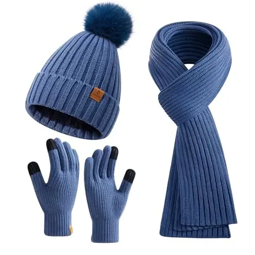 Coolprince Womens Long Scarf Gloves and Hat Set Cold Weather Hat Scarf Glove Set for Women Winter Beanie Hats with Pom Pom 