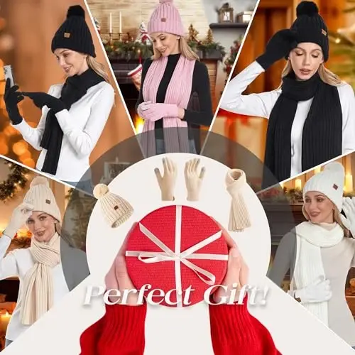 Coolprince Womens Long Scarf Gloves and Hat Set Cold Weather Hat Scarf Glove Set for Women Winter Beanie Hats with Pom Pom - 6