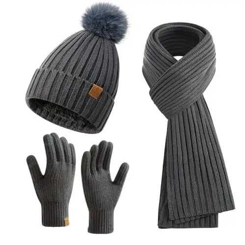 Coolprince Womens Long Scarf Gloves and Hat Set Cold Weather Hat Scarf Glove Set for Women Winter Beanie Hats with Pom Pom - MODAZONE