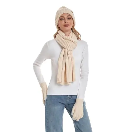 Coolprince Womens Long Scarf Gloves and Hat Set Cold Weather Hat Scarf Glove Set for Women Winter Beanie Hats with Pom Pom - 5