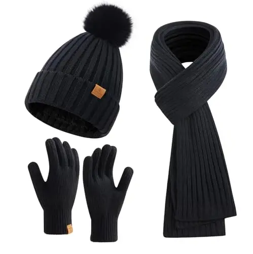 Coolprince Womens Long Scarf Gloves and Hat Set Cold Weather Hat Scarf Glove Set for Women Winter Beanie Hats with Pom Pom - 1