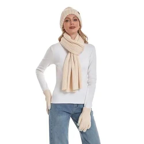 Coolprince Womens Long Scarf Gloves and Hat Set Cold Weather Hat Scarf Glove Set for Women Winter Beanie Hats with Pom Pom - 5