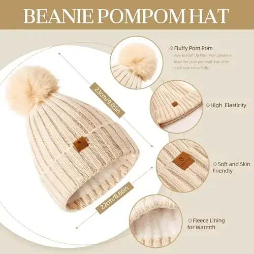 Coolprince Womens Long Scarf Gloves and Hat Set Cold Weather Hat Scarf Glove Set for Women Winter Beanie Hats with Pom Pom - 2
