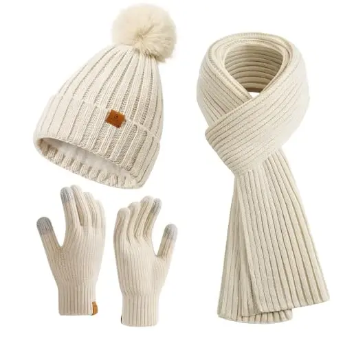 Coolprince Womens Long Scarf Gloves and Hat Set Cold Weather Hat Scarf Glove Set for Women Winter Beanie Hats with Pom Pom - 1